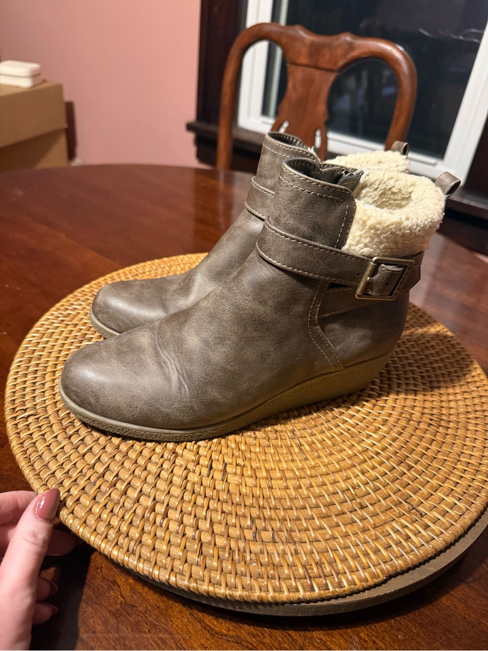 Sporto Taupe Faux Leather Ankle Bootie with Shearling Cuff - Picture 7 of 9